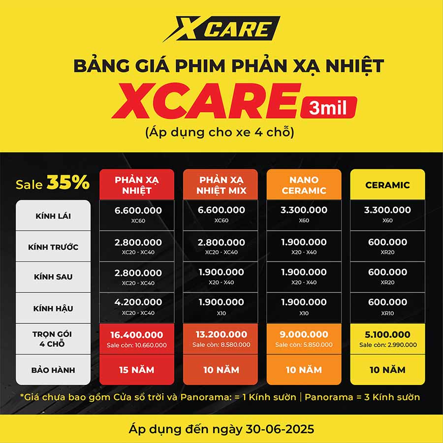 bảng giá phim cách nhiệt xcare cho xe 4 chỗ