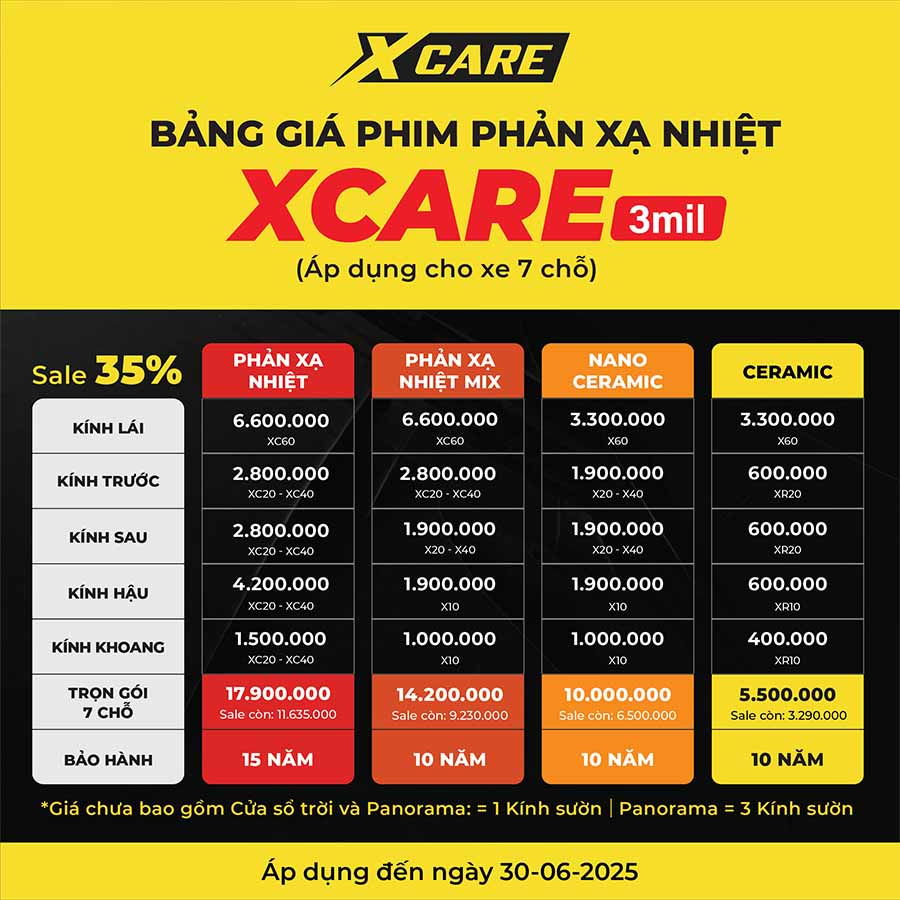 bảng giá phim cách nhiệt xcare cho xe 7 chỗ